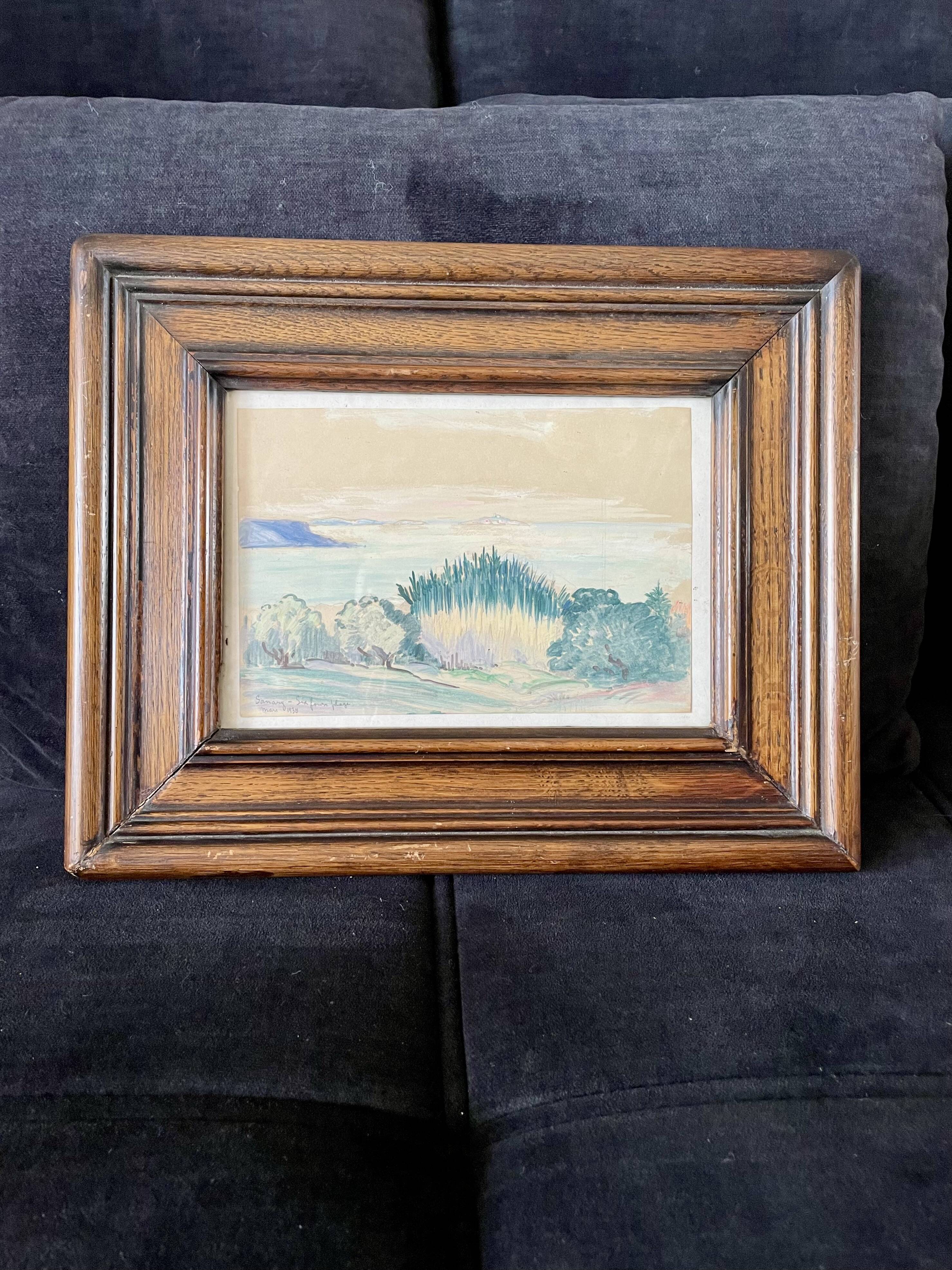 Paysage provençal aquarelle cadre en bois massif 1938