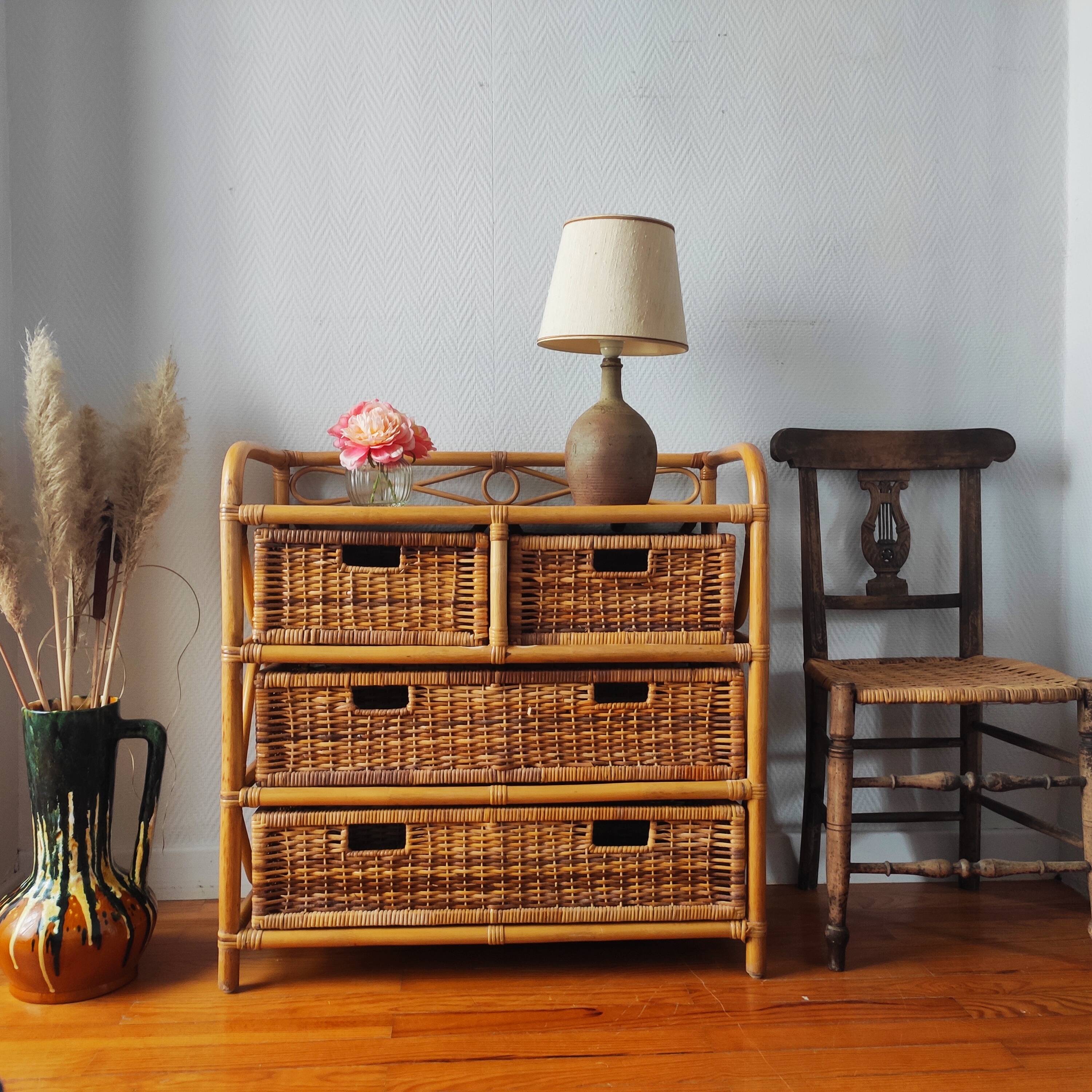 Commode vintage en rotin clair