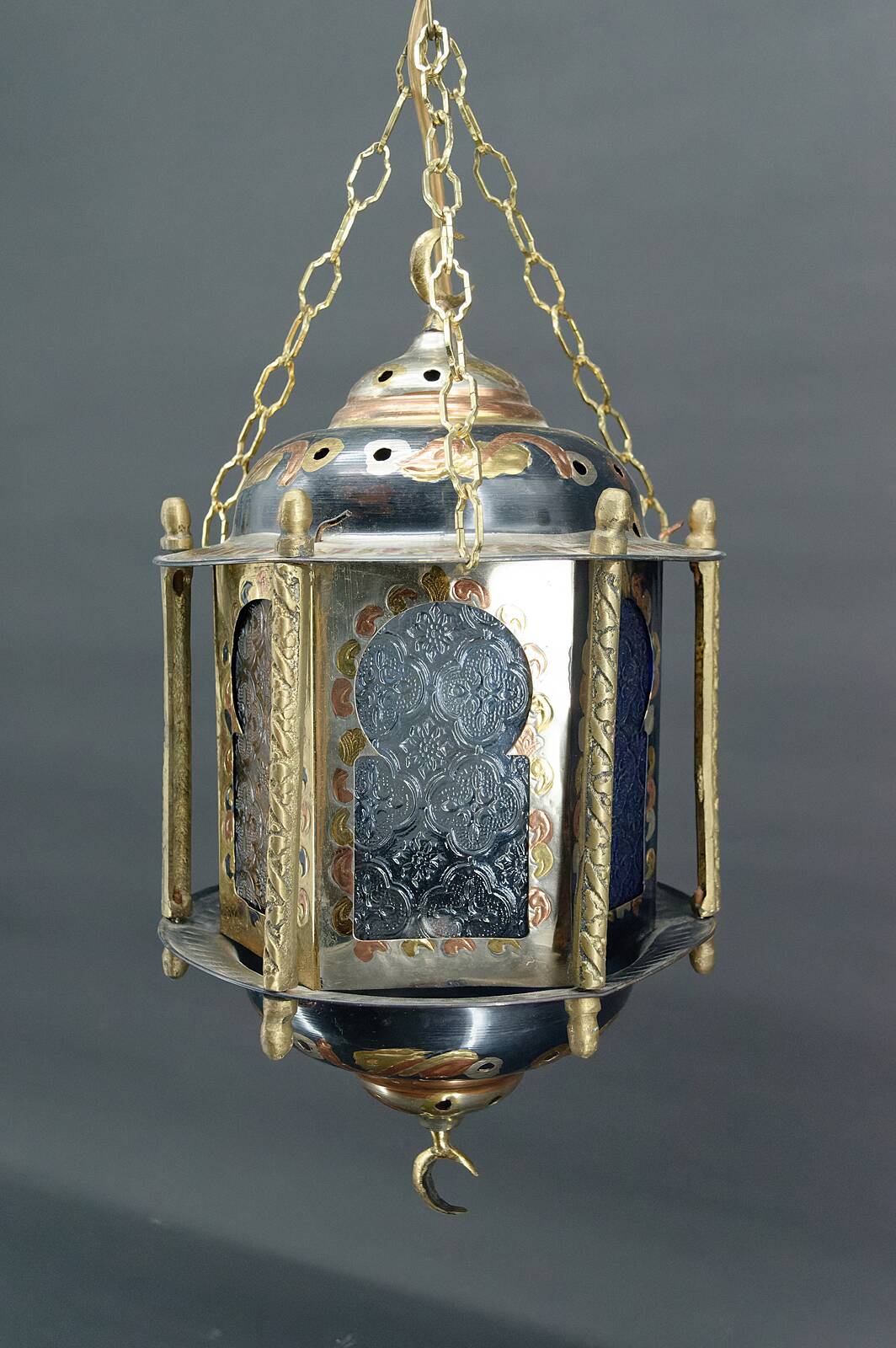 Moorish lantern in brass and colored glass, North Africa, 20th century