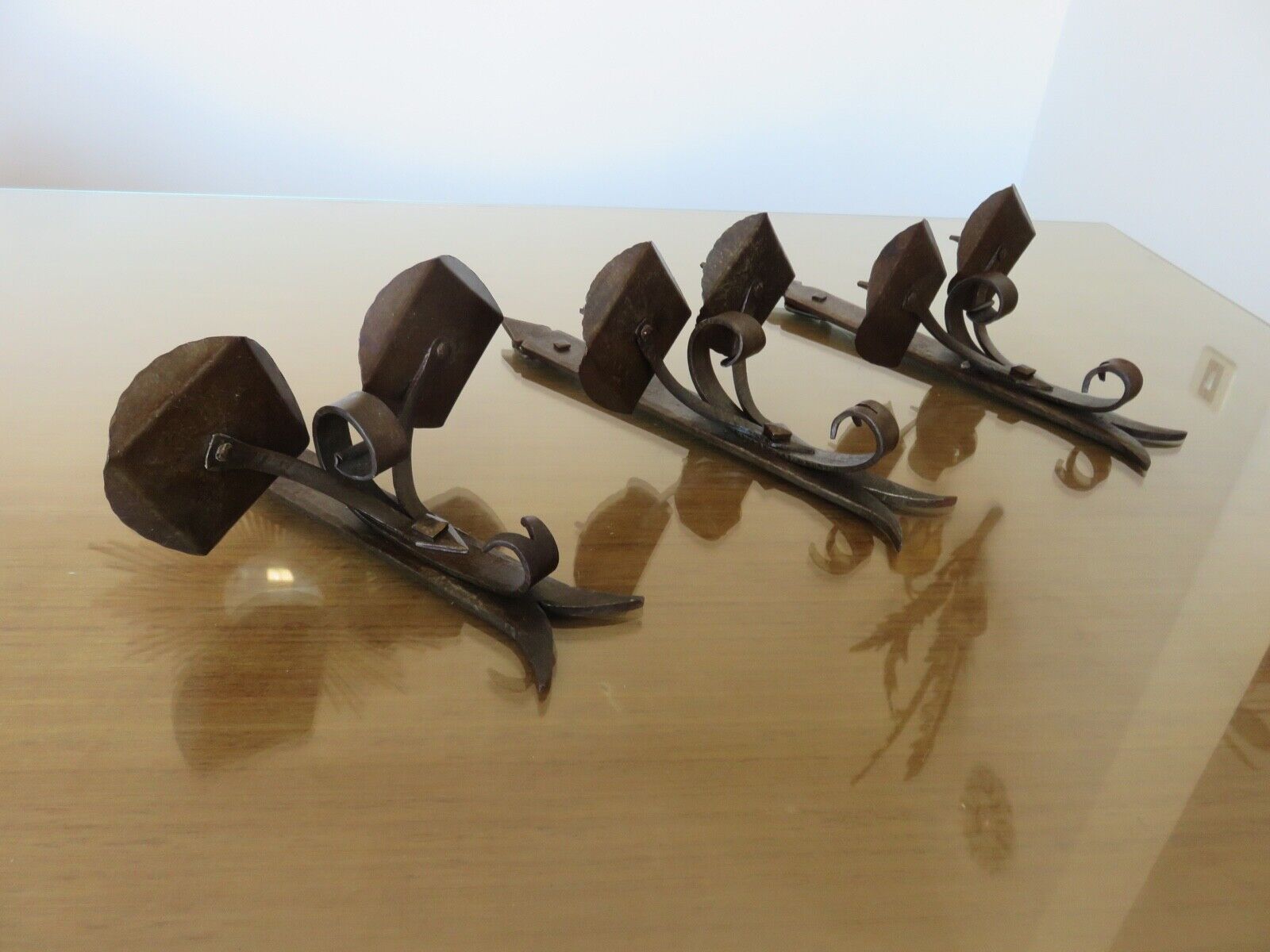Series of 3 brutalist double wall candle holders in wrought iron beaten 40 years 50
