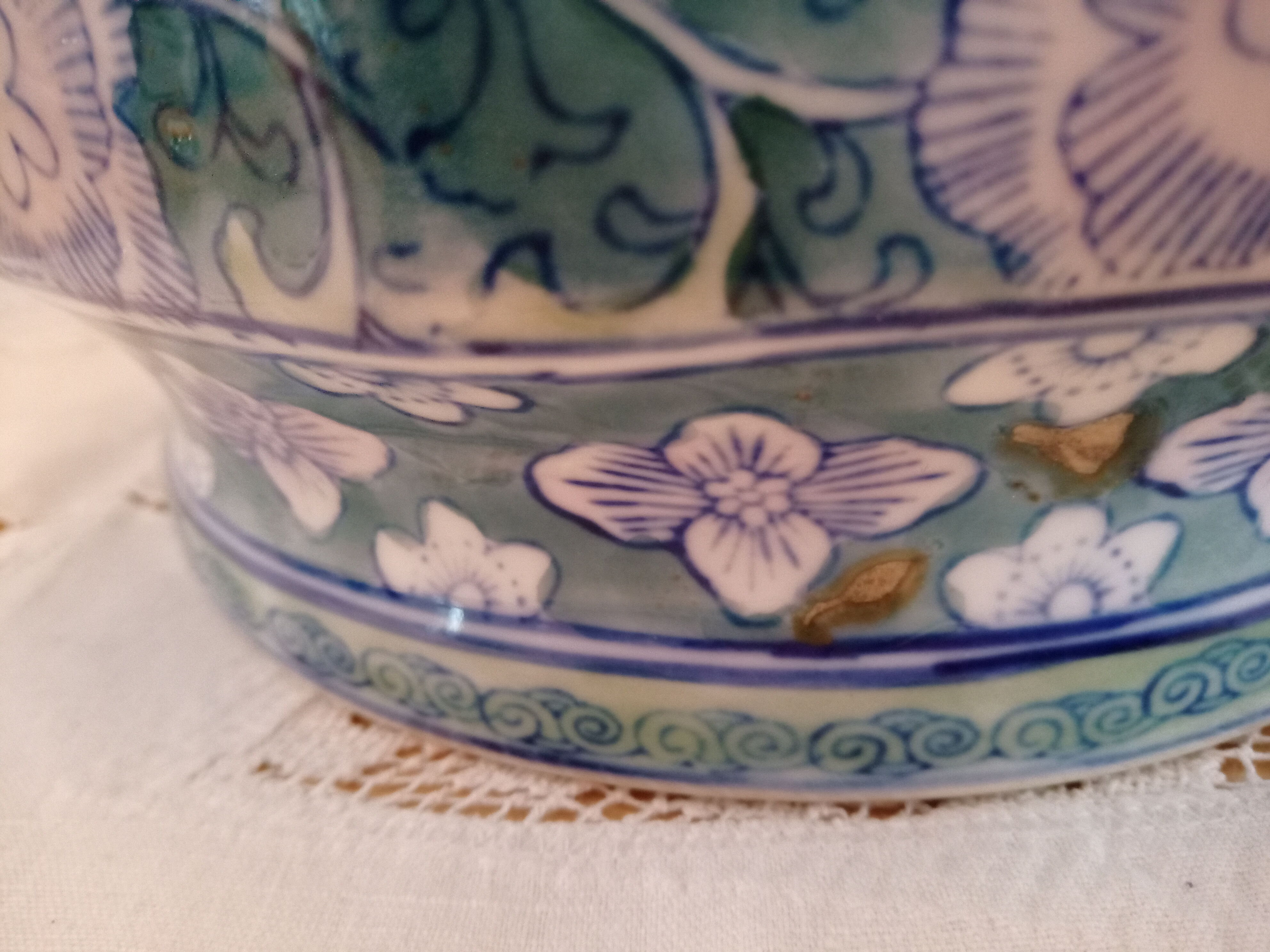 Lidded pot, Chinese ceramic urn celt decoration, blue and lilac