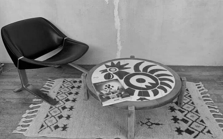 Ceramic coffee table and vintage wood year 1965 signed Dan
