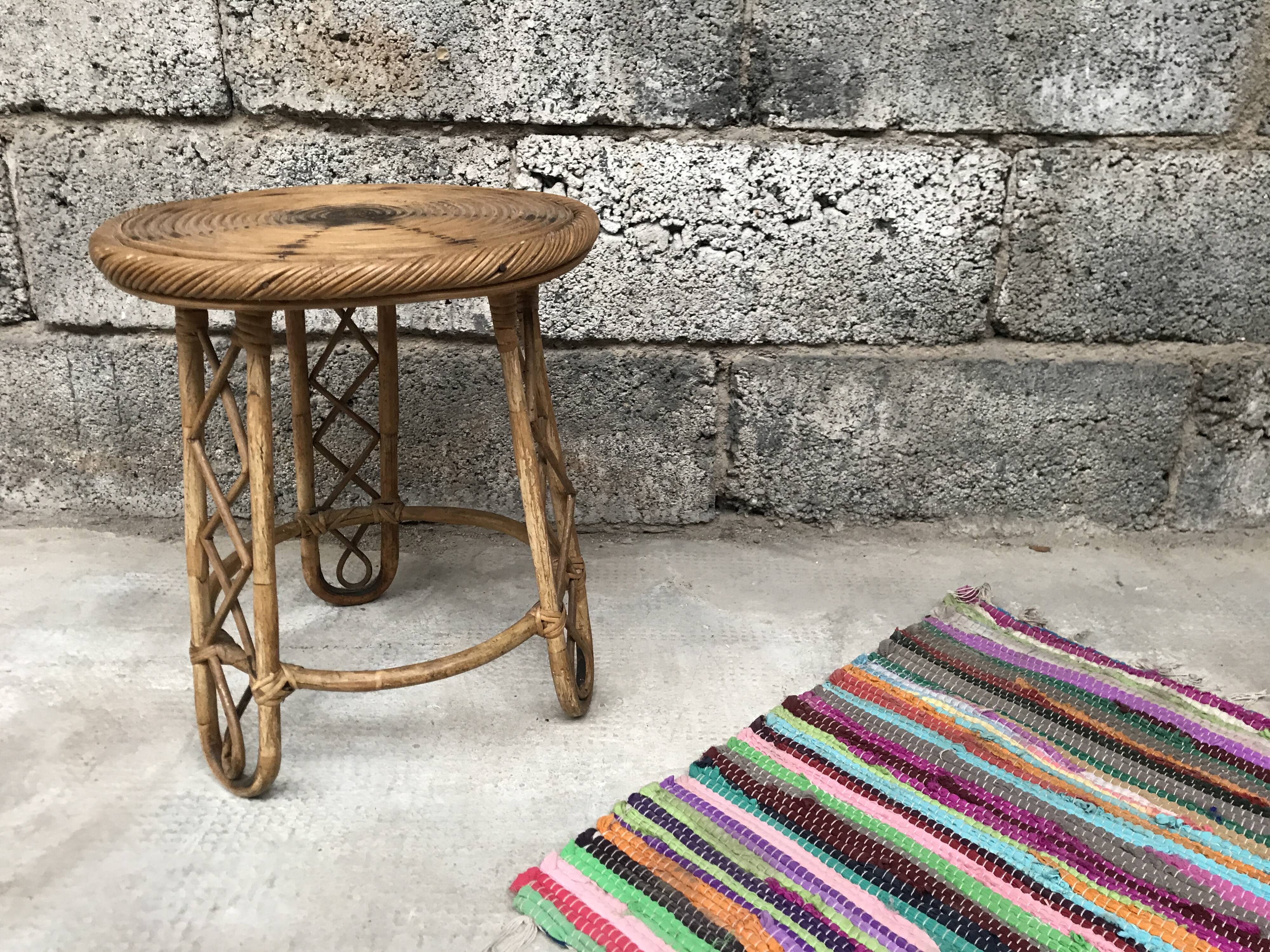 Bamboo stool 50s Decoration natural wood rattan wicker Vintage Plant Door