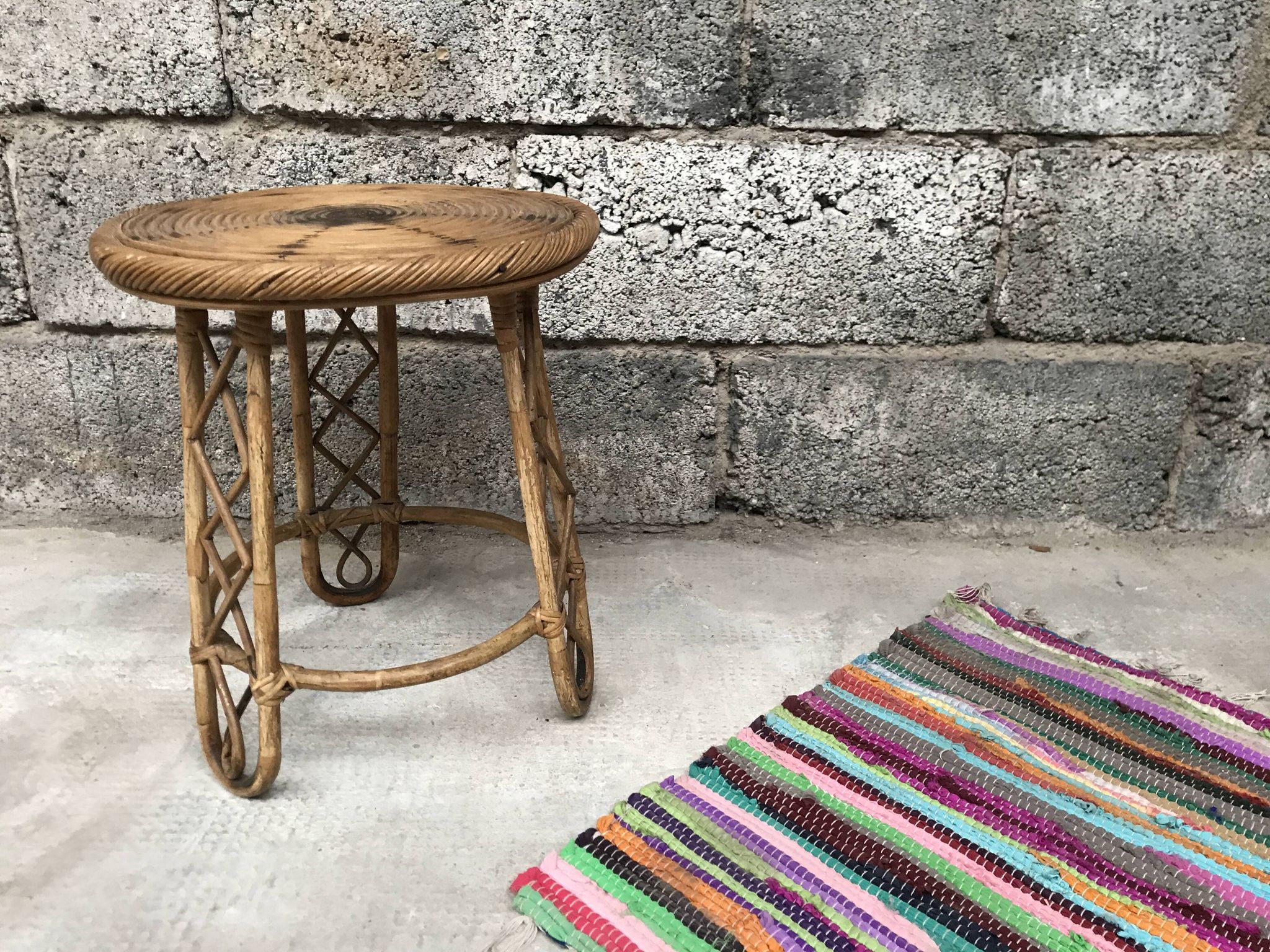 Bamboo stool 50s Decoration natural wood rattan wicker Vintage Plant Door