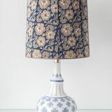 Blue and white porcelain table lamp by Lladró with floral shade in new silk.