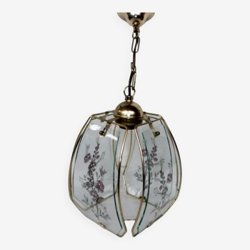 Lustre lanterne suspension cage métal doré verre bombé décor fleurs émaux