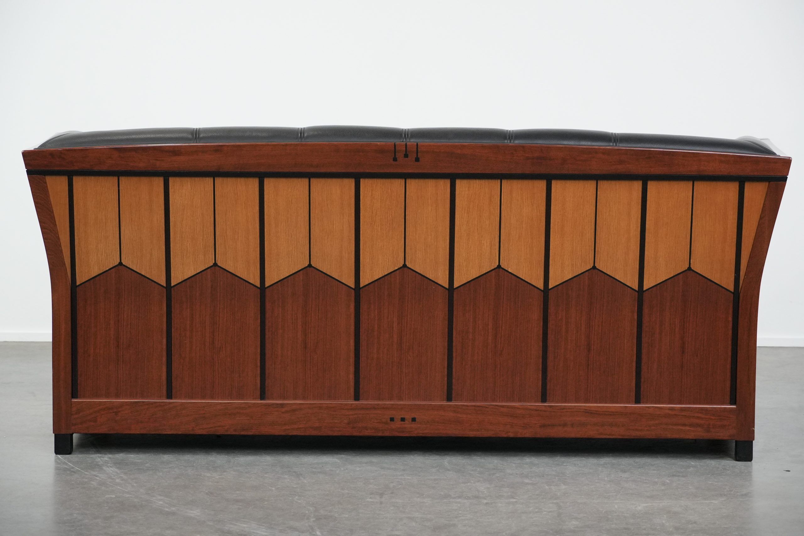 Art Deco  black leather 2.5-seater design sofa with beautiful woodwork