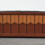 Art Deco  black leather 2.5-seater design sofa with beautiful woodwork