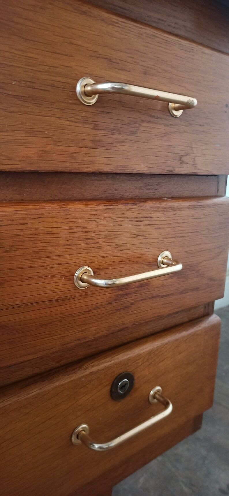 vintage desk with wooden storage drawers