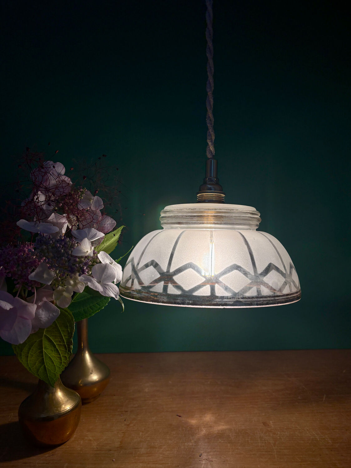 Vintage pendant lamp shade in white and gold frosted glass