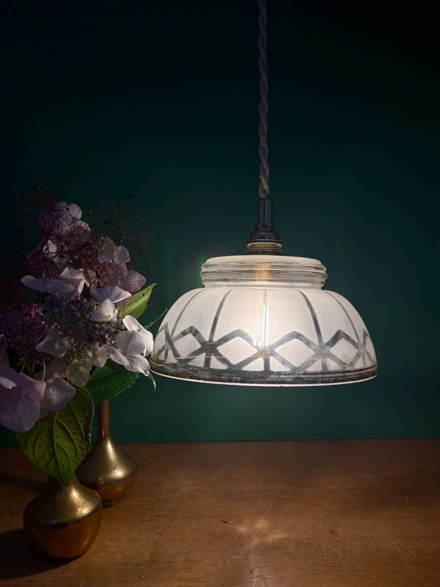 Vintage pendant lamp shade in white and gold frosted glass
