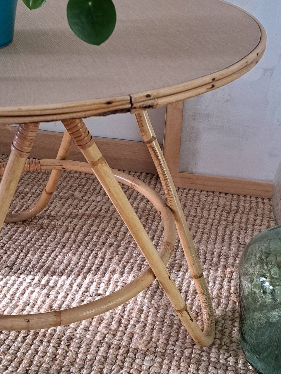 Vintage round bamboo and rattan table