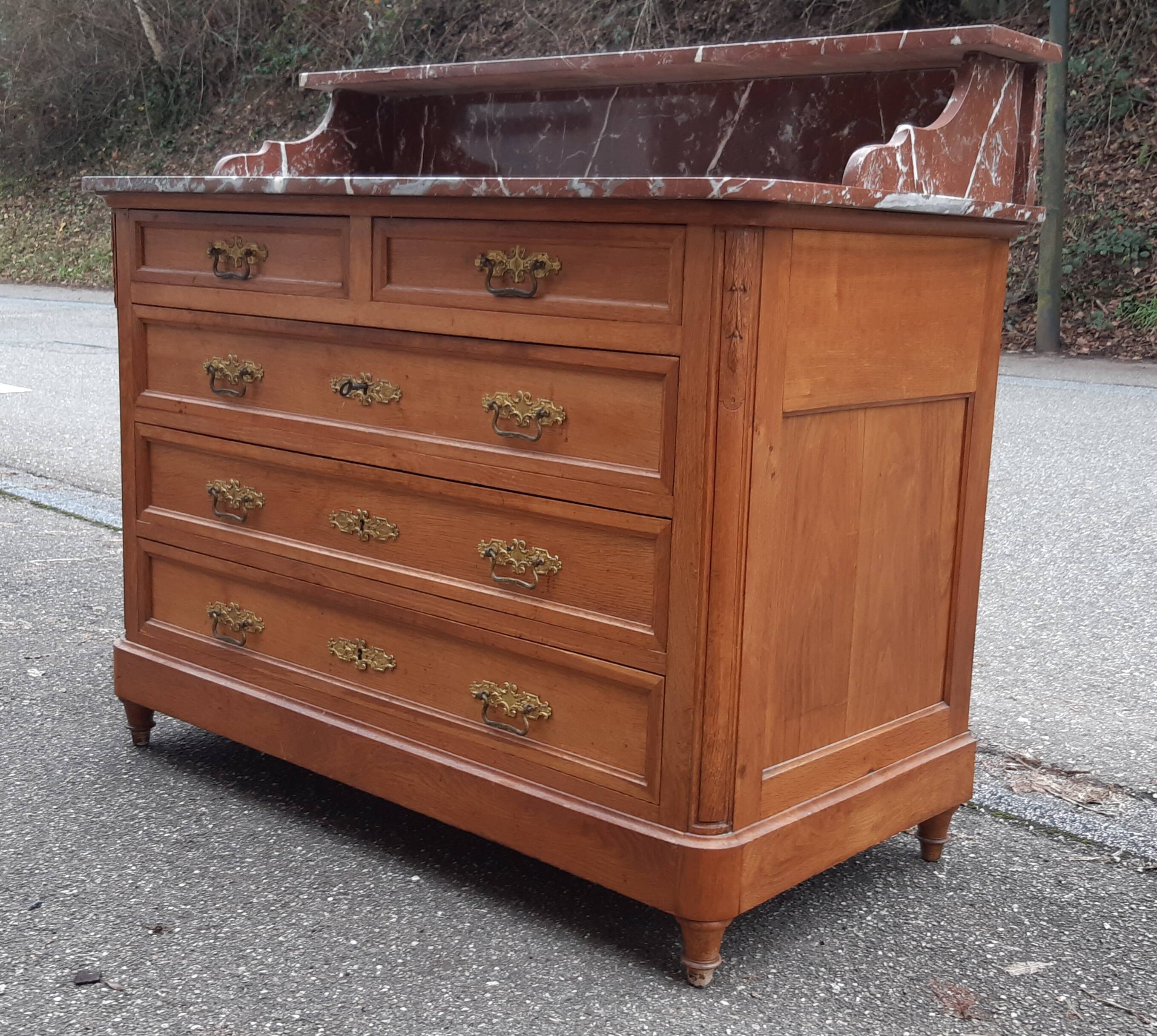 Oak and marble chest of drawers