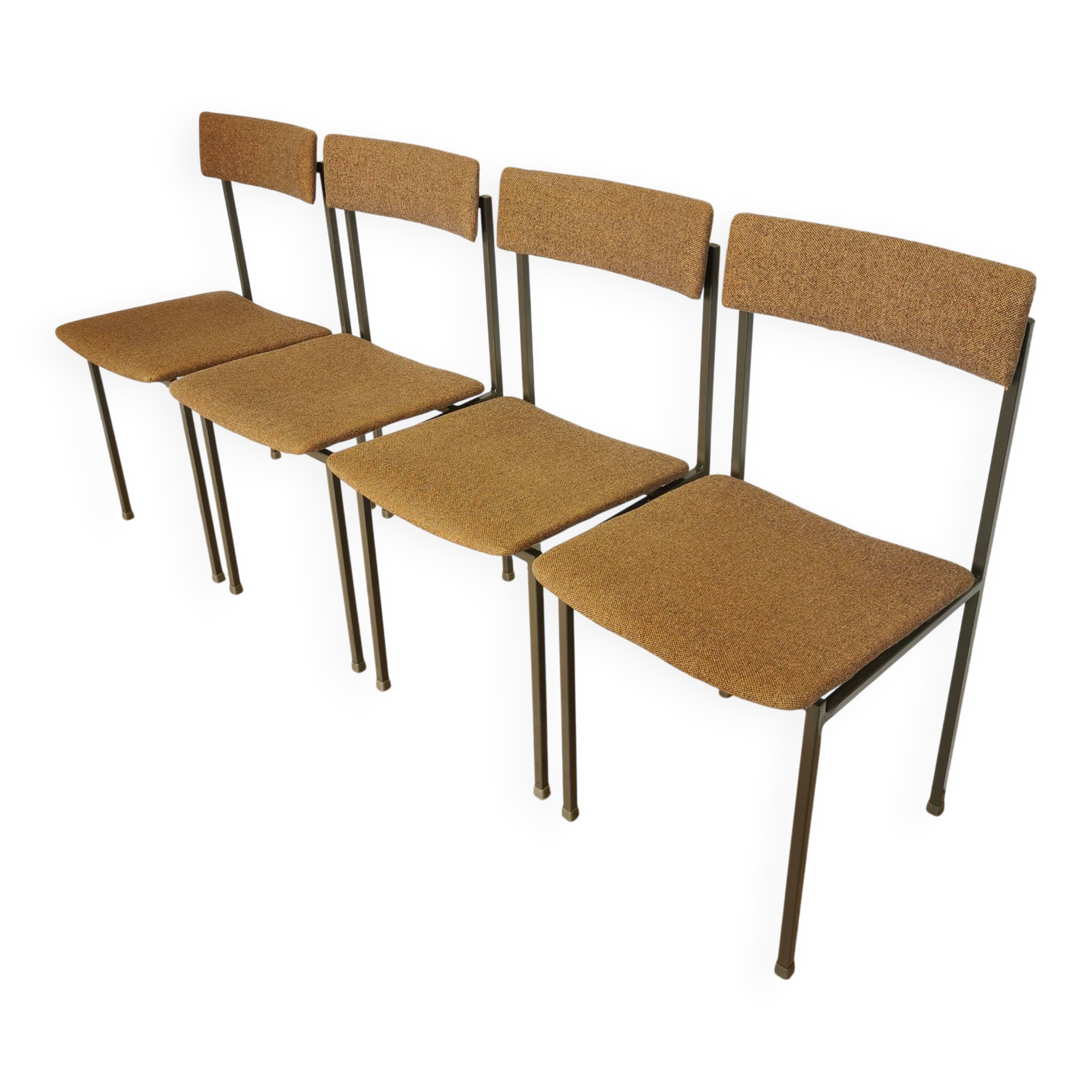 Set of 4 Vintage Industrial School Chairs: Brown Fabric, Black Metal Base