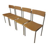 Set of 4 Vintage Industrial School Chairs: Brown Fabric, Black Metal Base
