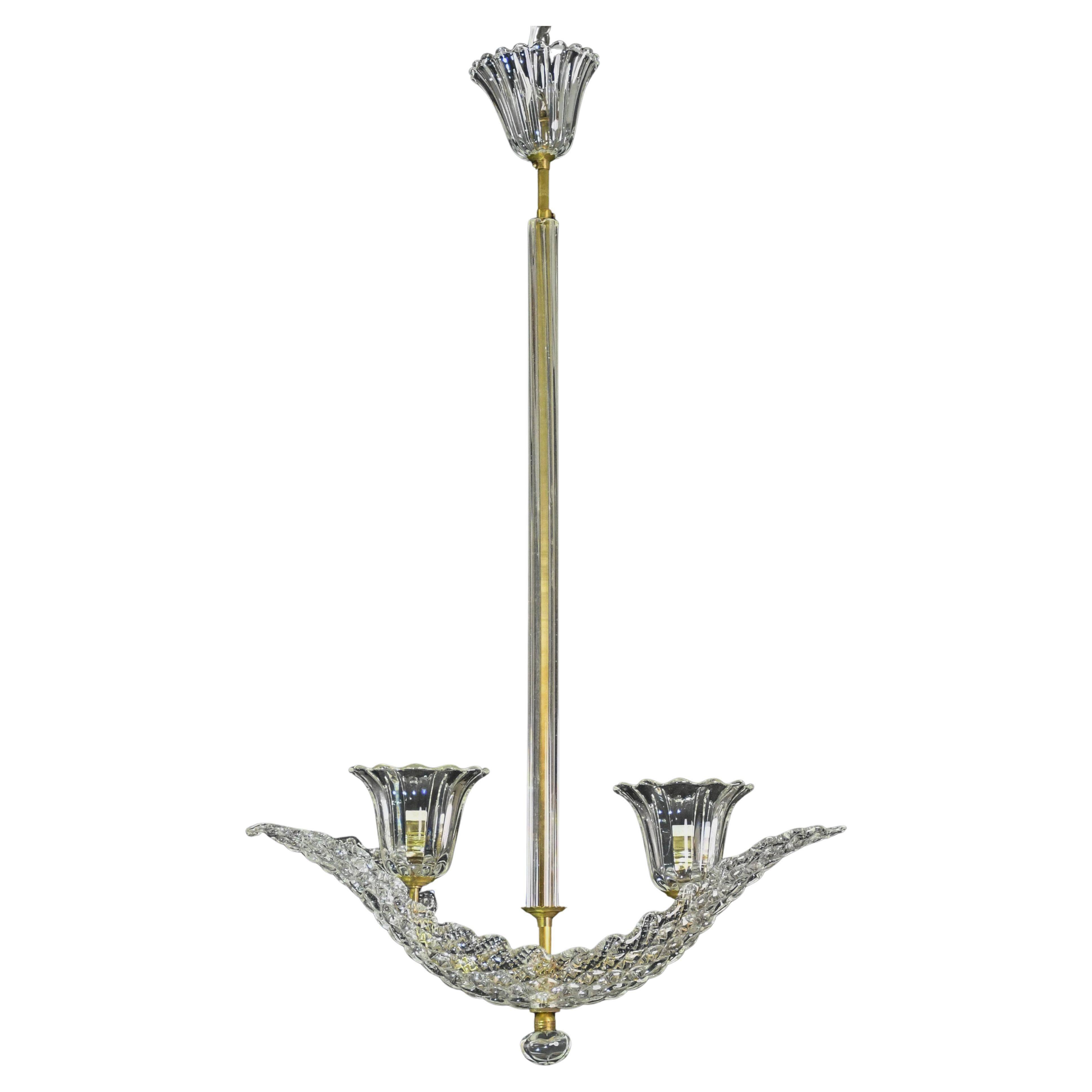 Elegant 2 cup Barovier Art Deco chandelier, Murano glass, brass structure 1940s