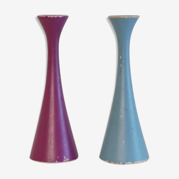 Pair of colorful wooden candlesticks 1960