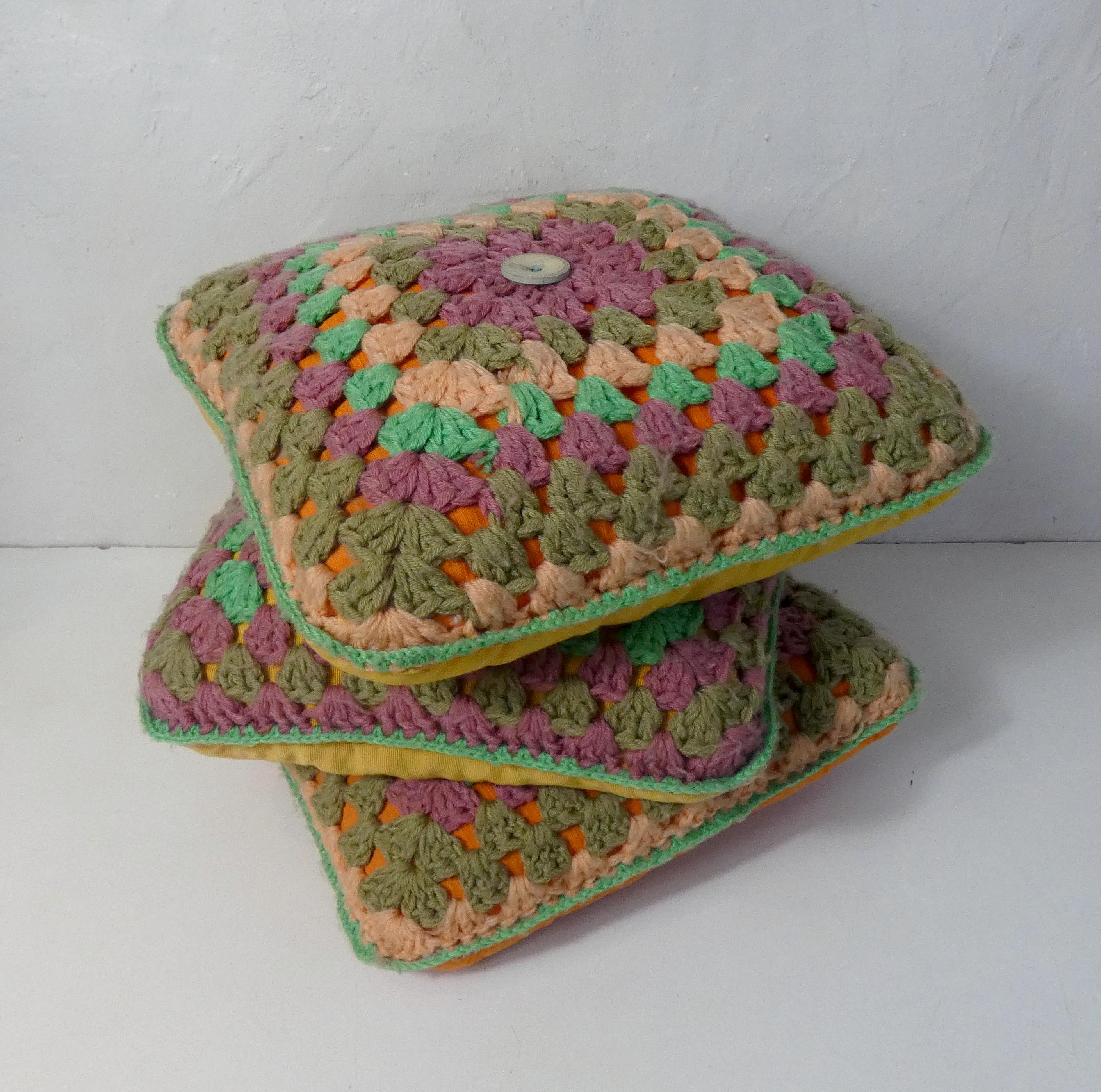 3 vintage crochet cushions