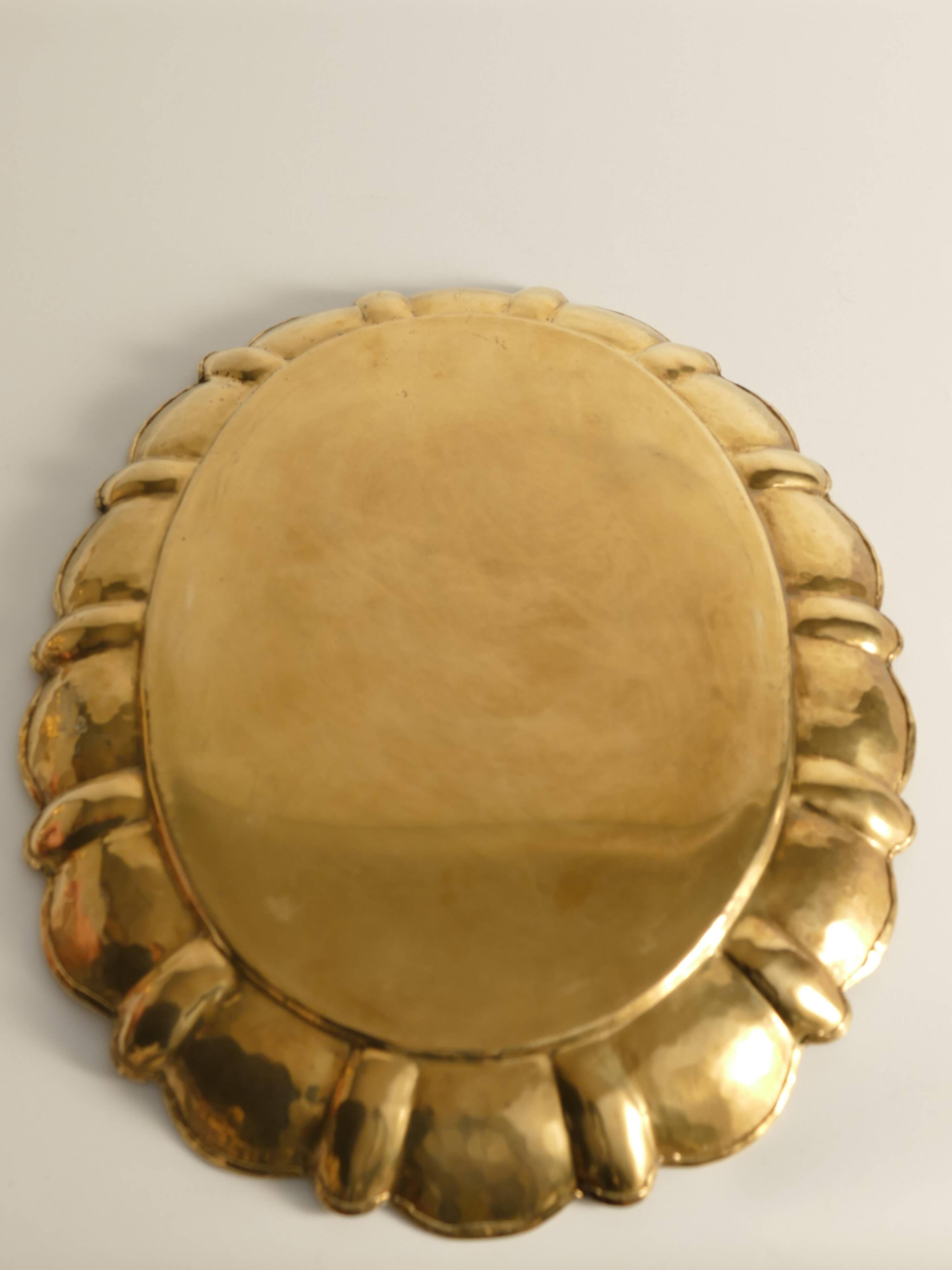 Hollywood Regency Large Oval Brass Tray by Firma Lars Holmström, Sweden 1940's