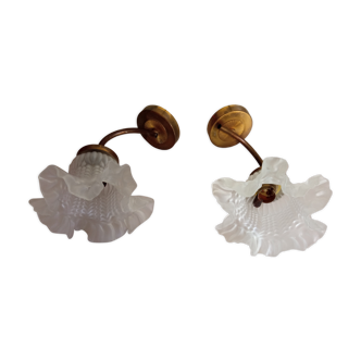 Set of Two Tulip Wall Lamps in Frosted Glass and Art Deco Brass