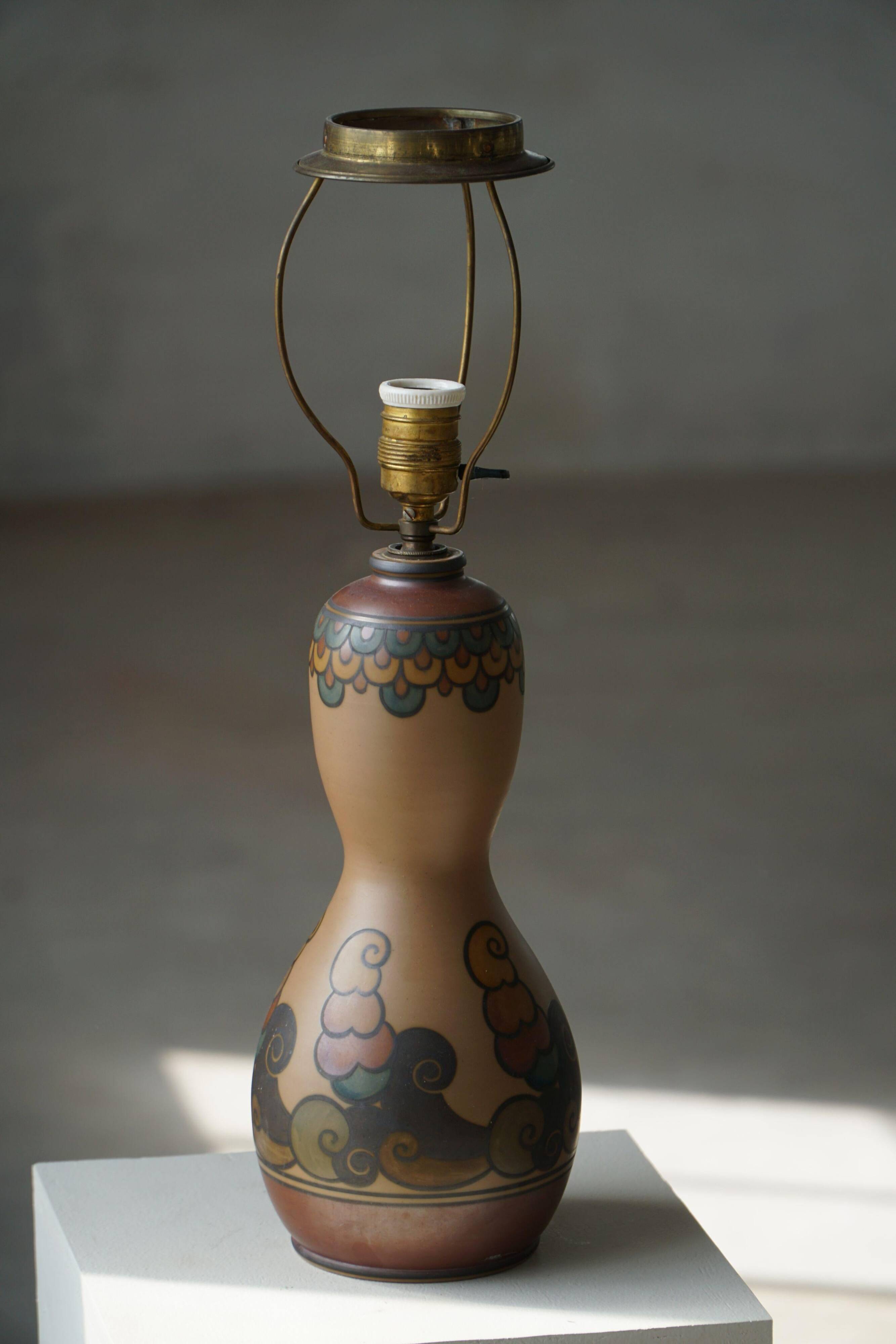 Terracotta table lamp, Art Nouveau, L. Hjorth, Bornholm, Denmark, 1930s