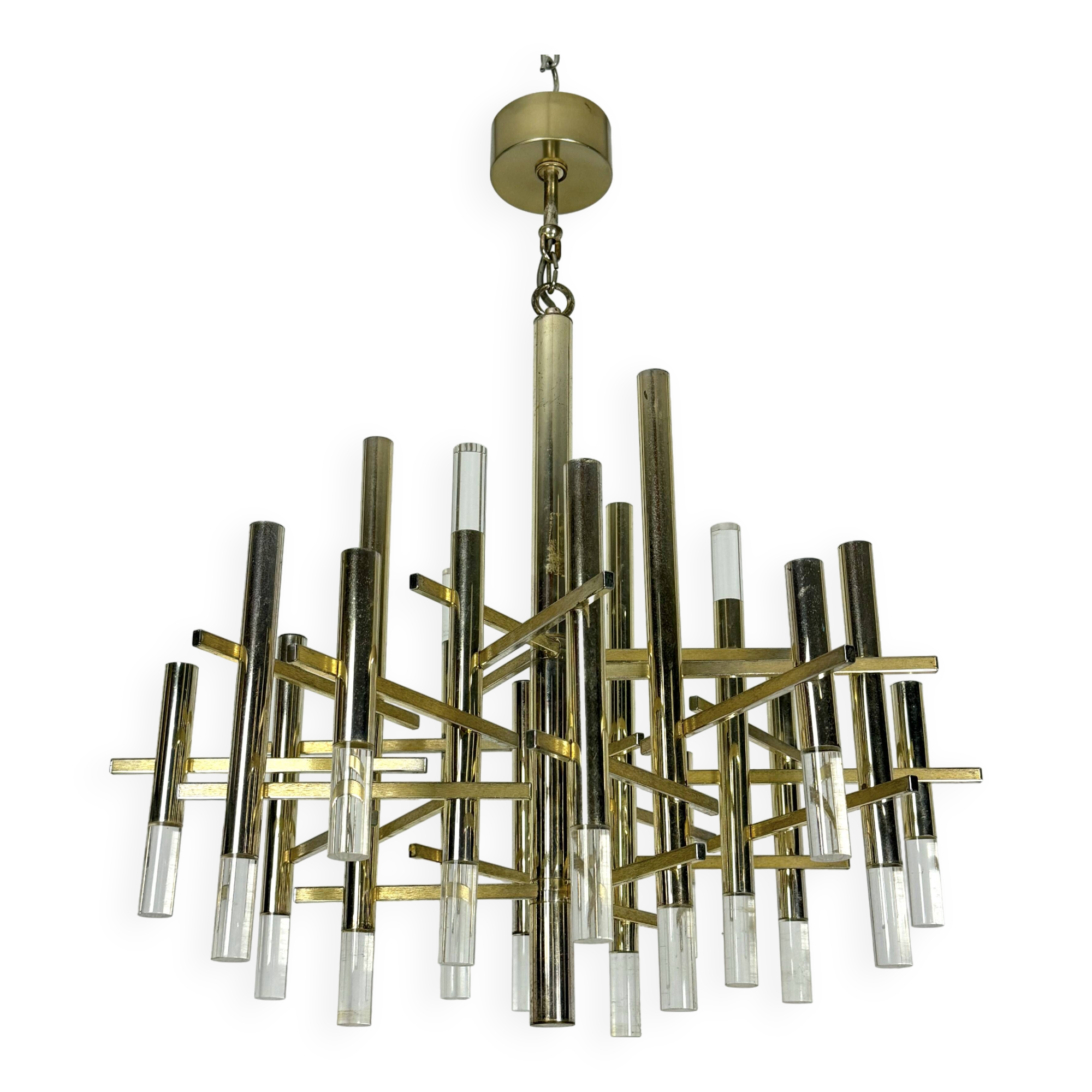 Sciolari 15 lights slight gilded chrome and perspex Chandelier model Ice, Italy 60s