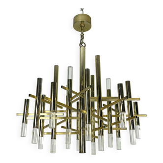 Lustre Sciolari 15 lumières chrome légèrement doré et perspex modèle Ice, Italie années 60