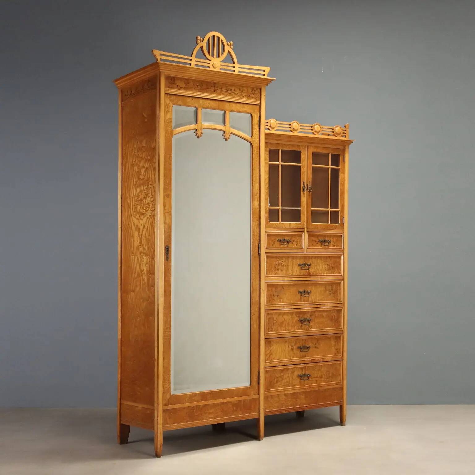 Antique Art Nouveau wardrobe in ash and maple, Italy, 20th century