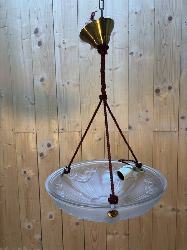 Plafonnier Sonover Art déco en verre pressé, suspendu par cordage – vers 19