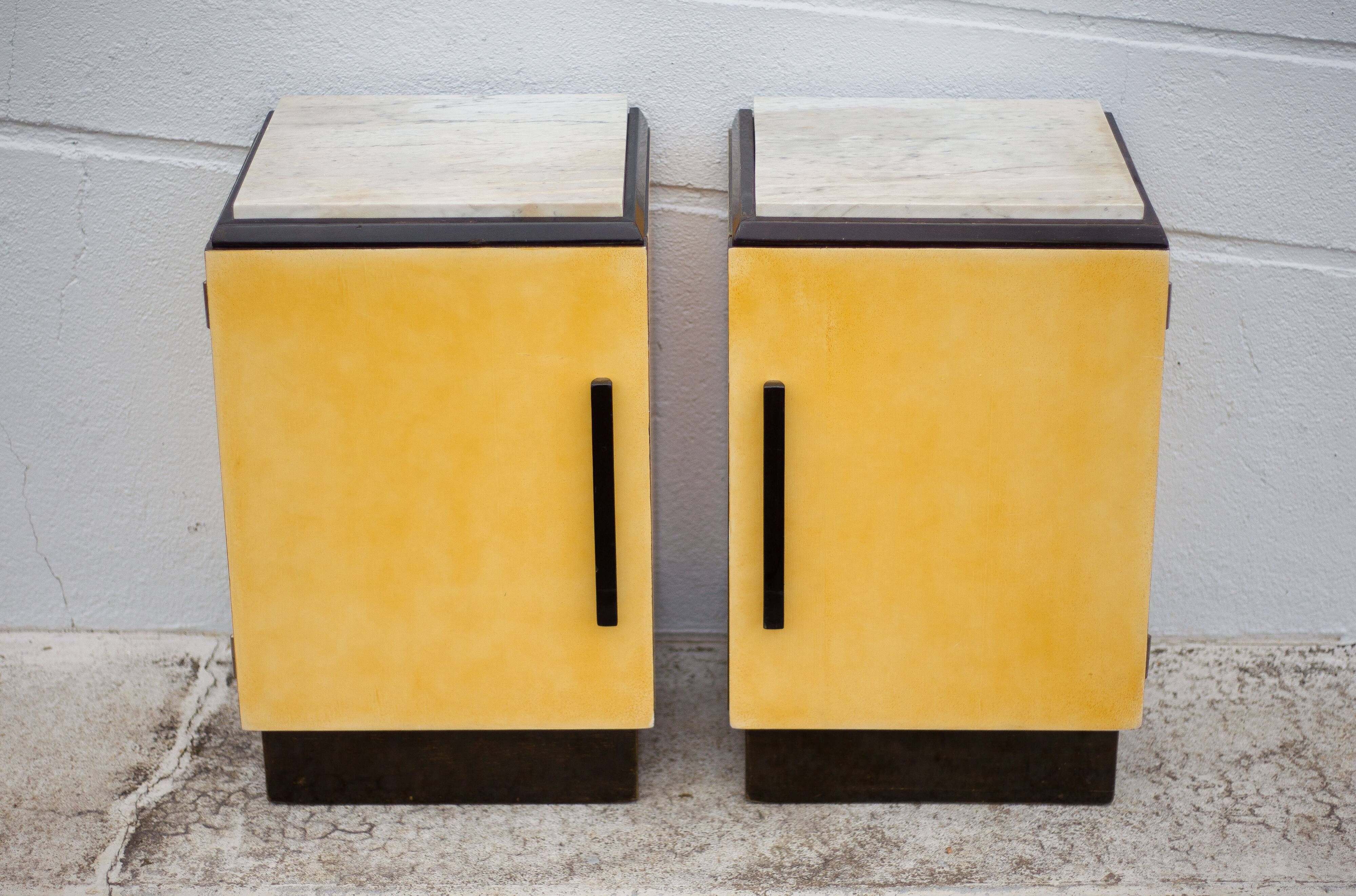 Pair of lacquered wood nightstands with brand plate, vintage bedside table, bedroom furniture