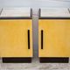 Pair of lacquered wood nightstands with brand plate, vintage bedside table, bedroom furniture