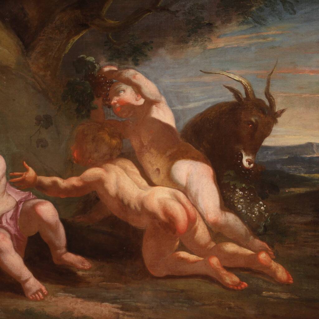 Antique Italian painting from the 17th century, bacchanal of cherubs