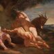 Antique Italian painting from the 17th century, bacchanal of cherubs