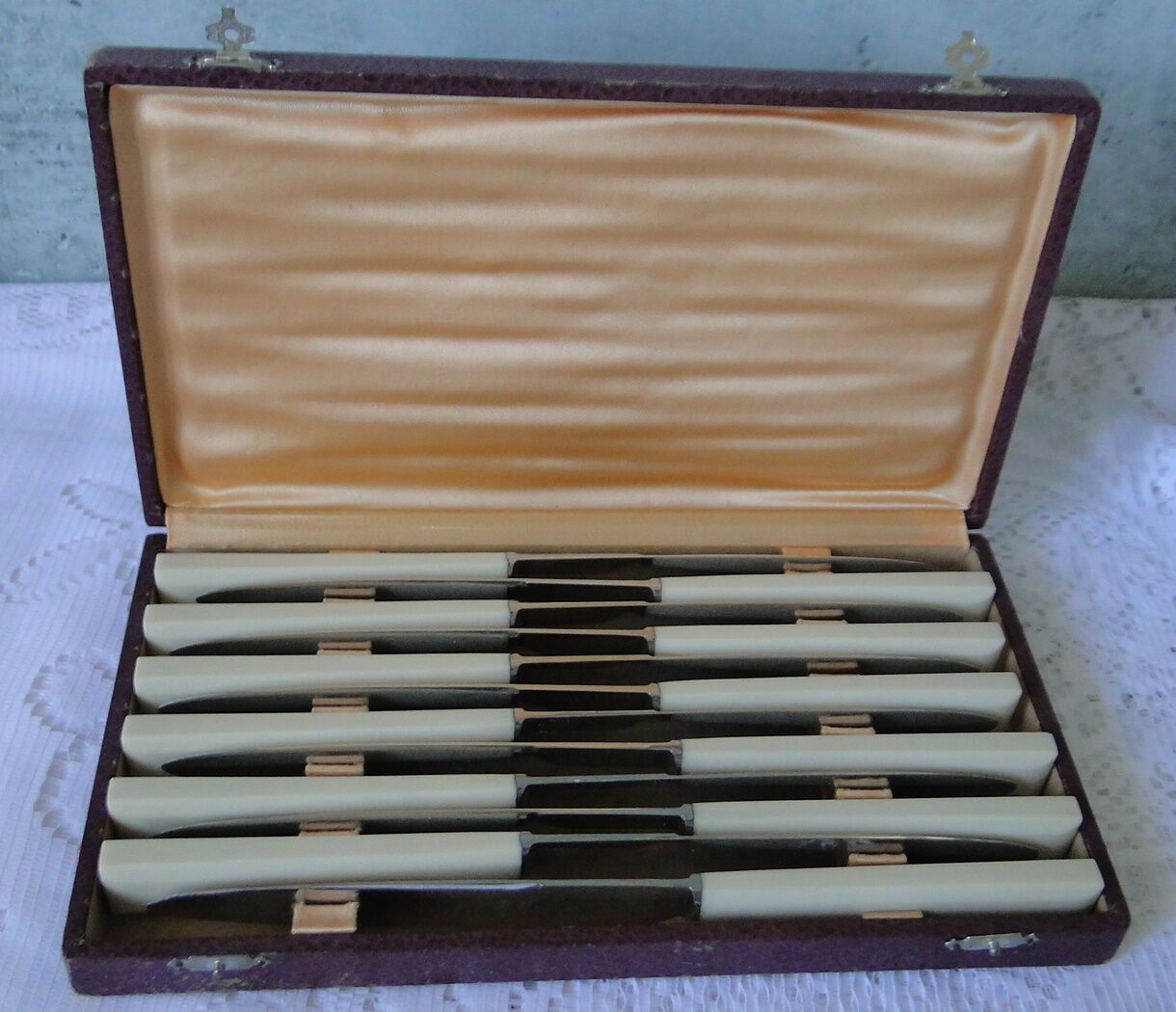 Set 10 old knives stainless blade white handle