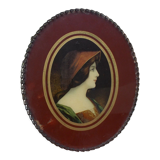 Tableau fixé sous verre ancien femme au chapeau