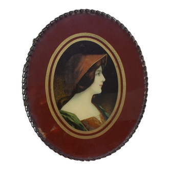 Tableau fixé sous verre ancien femme au chapeau