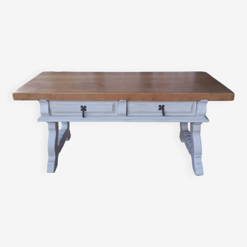 Living room table patinated linen raw wood top