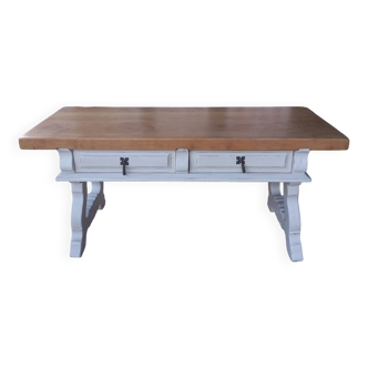Living room table patinated linen raw wood top