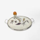 Round service tray in glass and metal vegetal decoration 1950