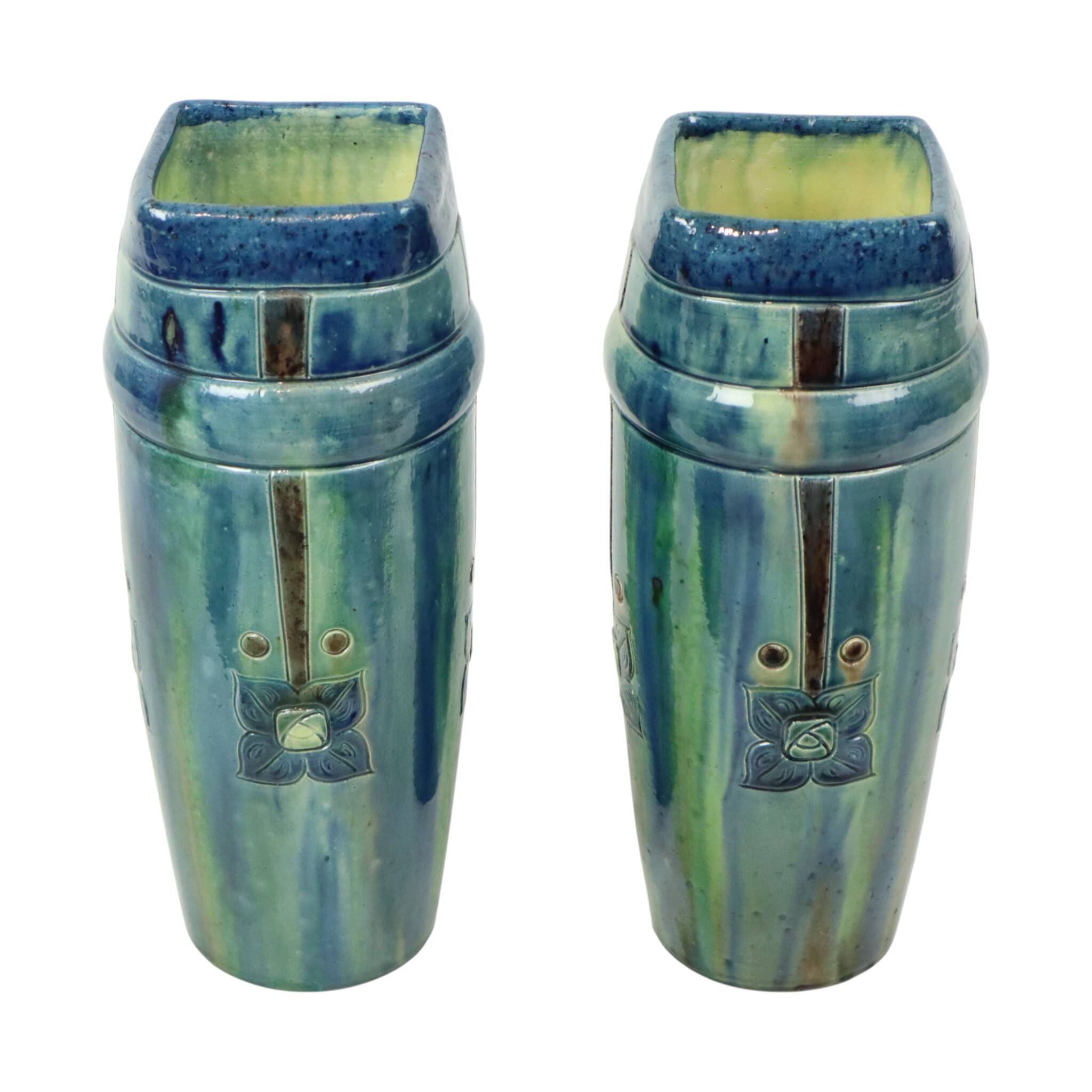 Pair of Blue Art Nouveau Vases Flemish Pottery Antiques
