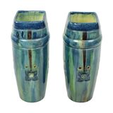 Pair of Blue Art Nouveau Vases Flemish Pottery Antiques