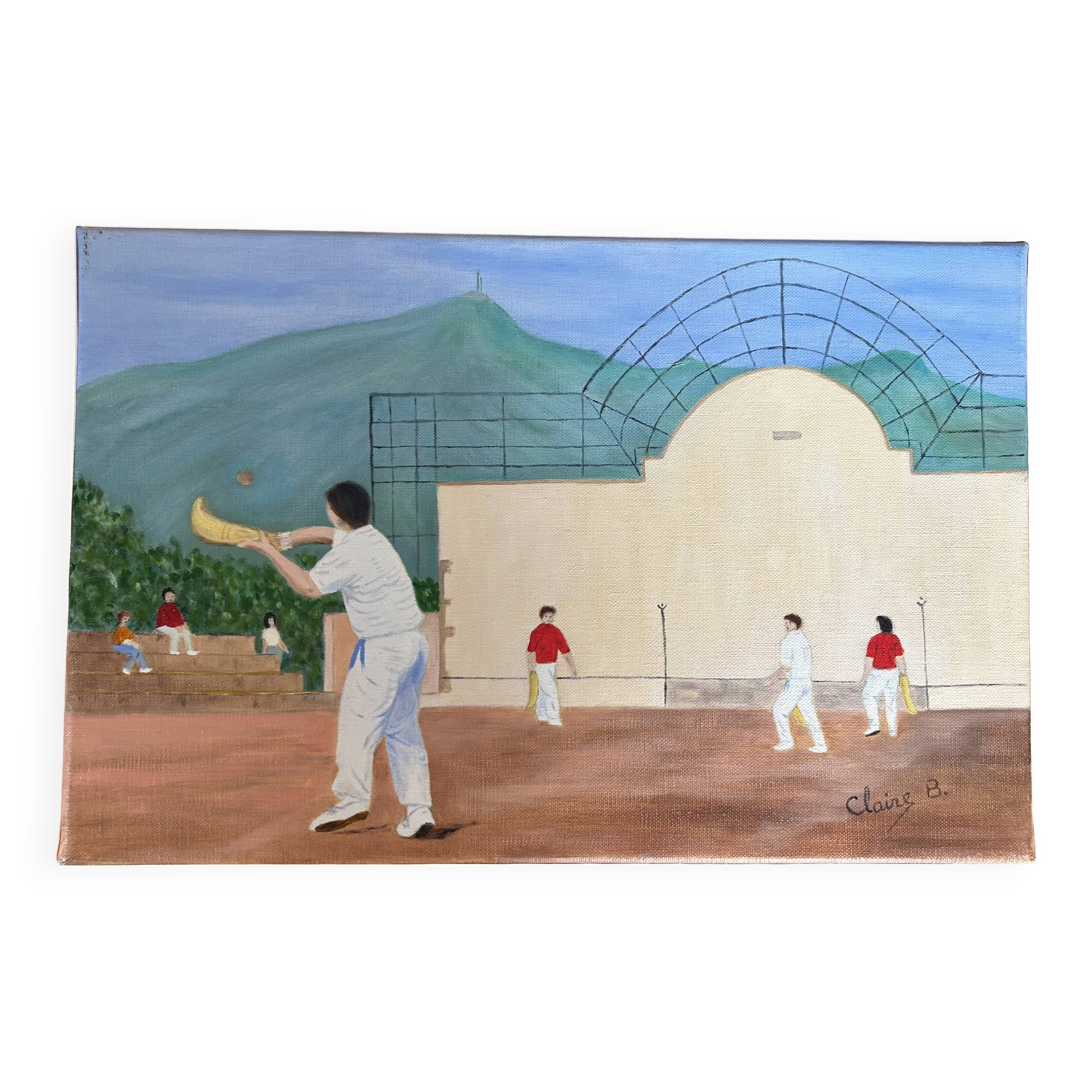 Peinture originale scène pelote basque – tableau naïf du Pays basque