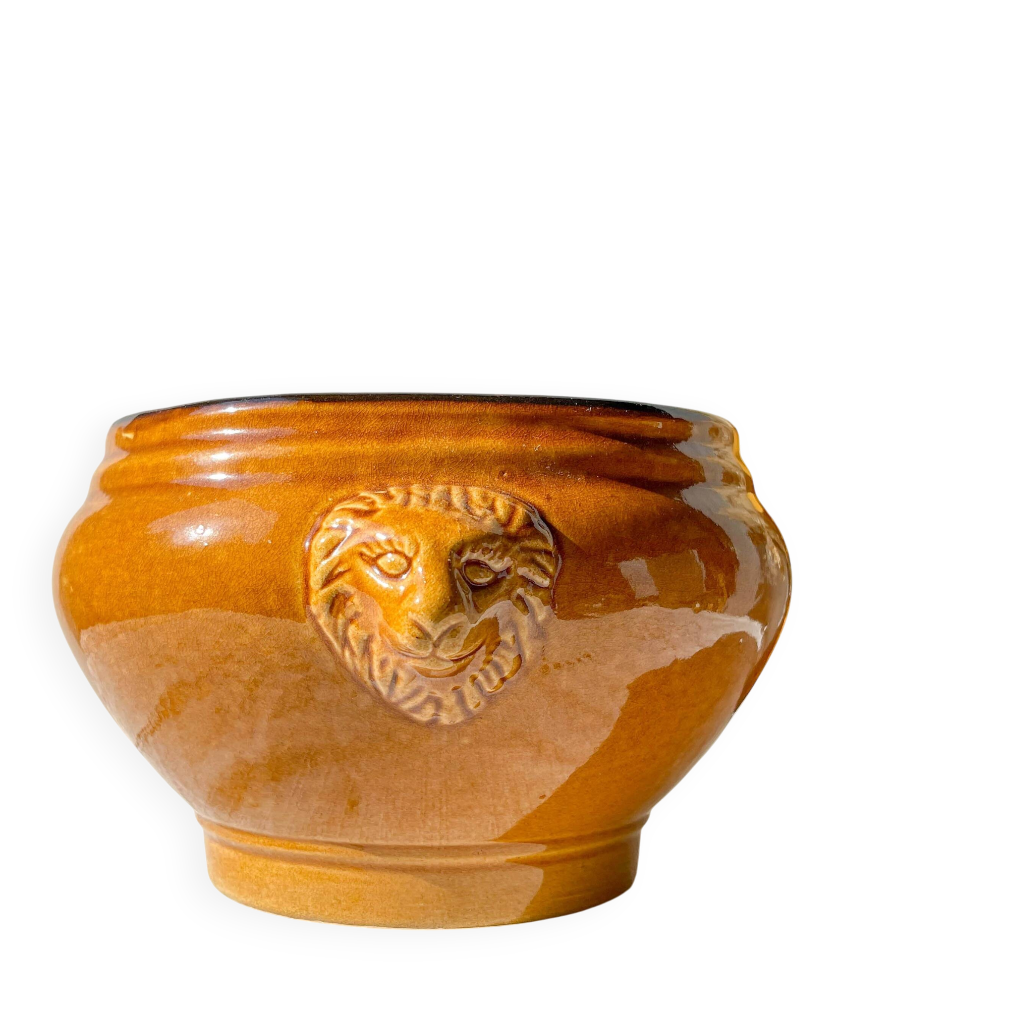Vintage ceramic lion head soup tureen - honey and black, made in France