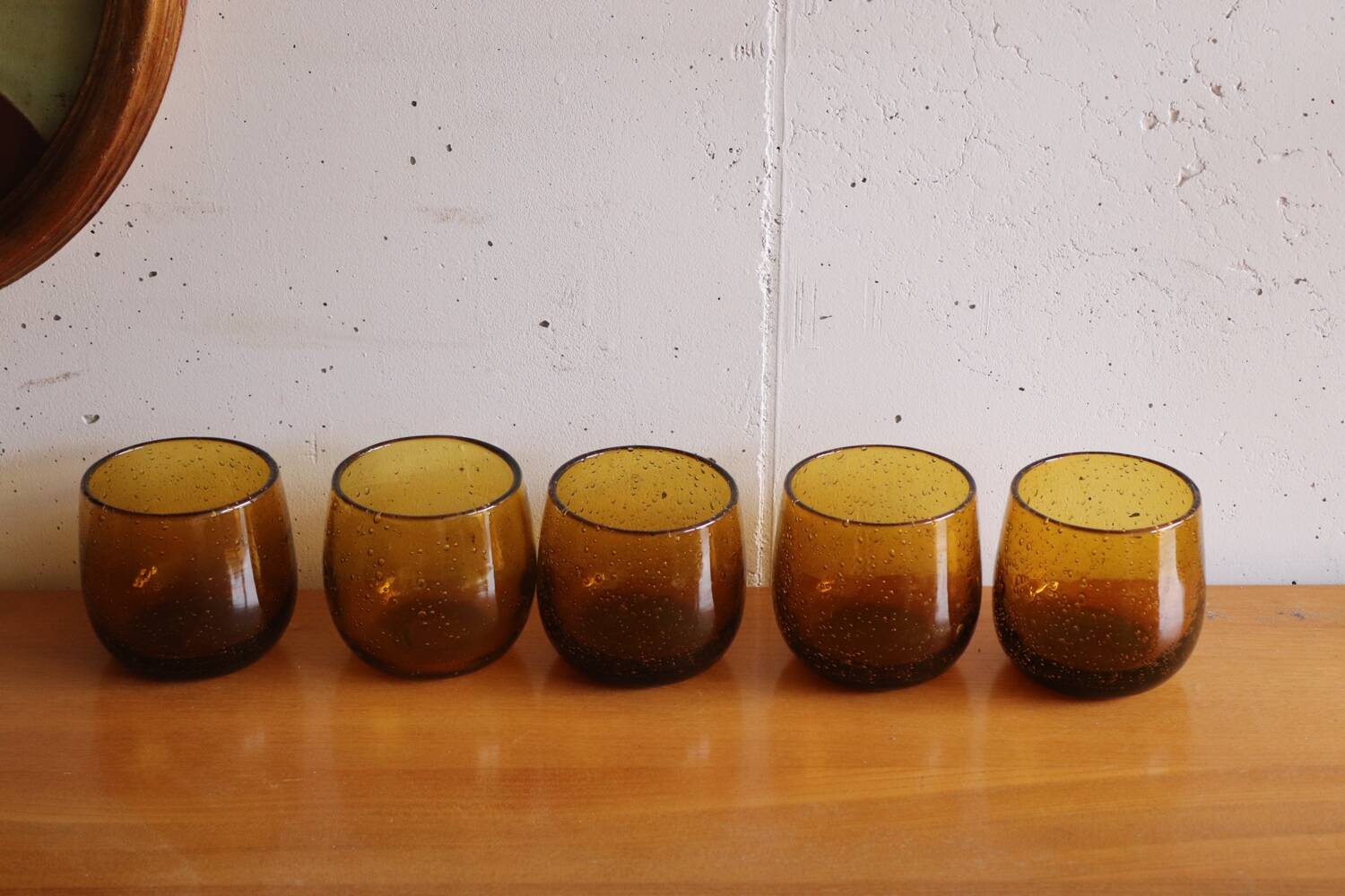 5 amber blown bubble glasses