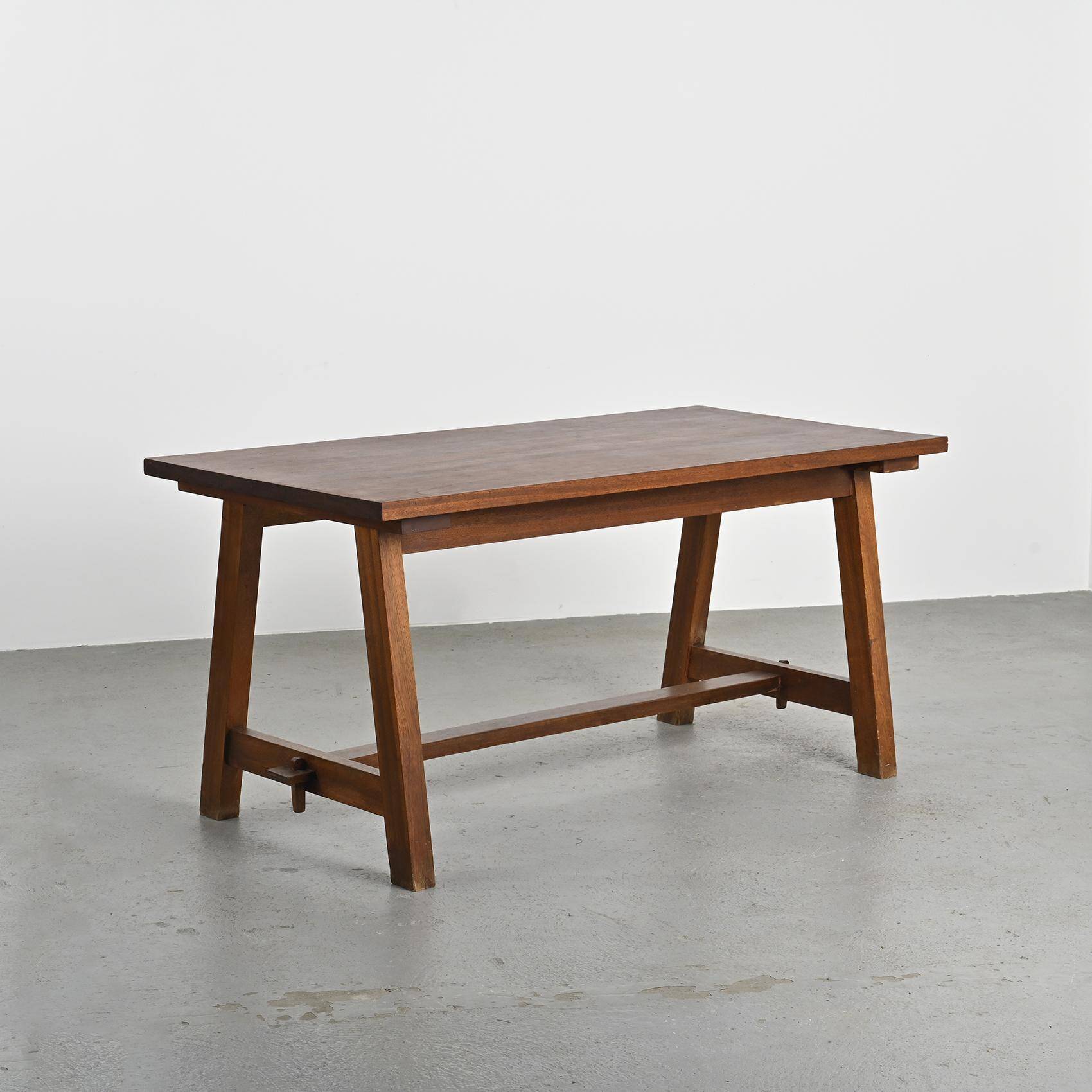 Mahogany dining table and benches, mountain work, France circa 1960