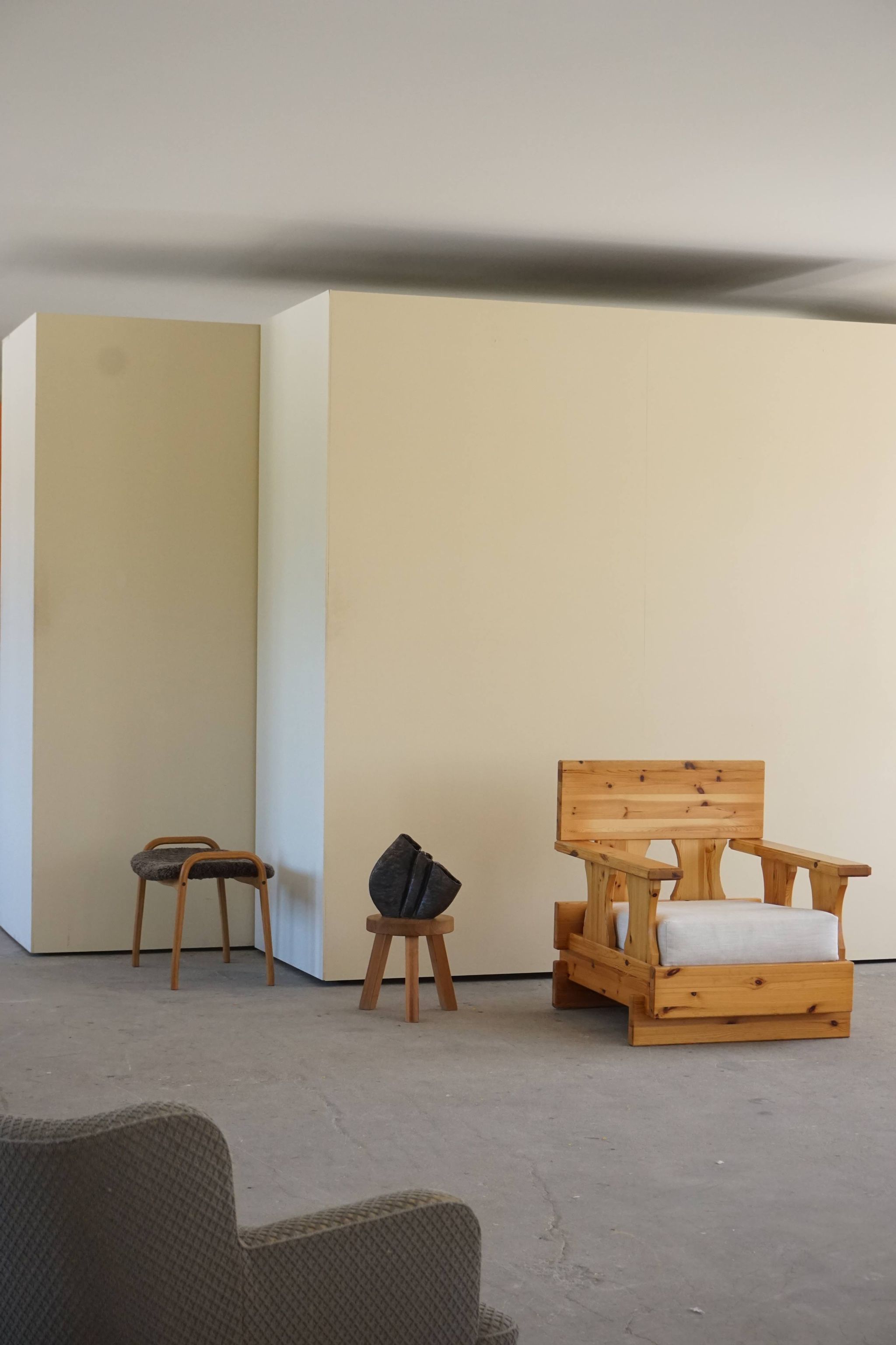 Mid century brutalist solid pine lounge chair with new upholstery, sweden, 1970s