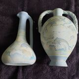 Set of 2 crest pottery vases stamped with dolphin motif