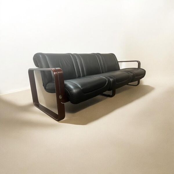 Canapé vintage en cuir noir / canapé Martin Stoll