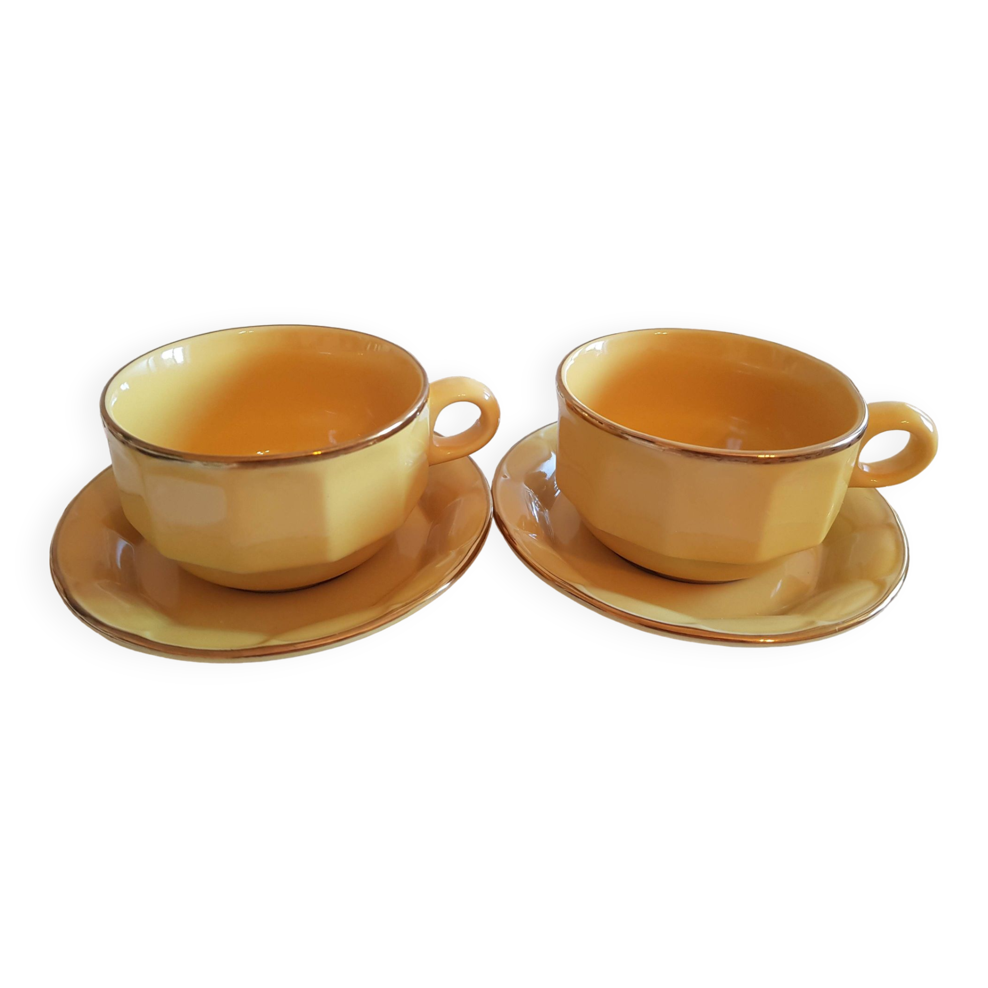 Duo of chocolate cups, breakfast, Bistro style, porcelain, yellow and gold
