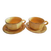 Duo of chocolate cups, breakfast, Bistro style, porcelain, yellow and gold